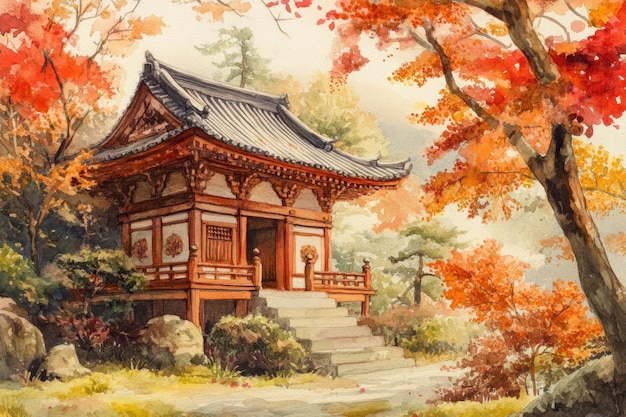 Traditional Japanese Temple Surrounded by Autumn Foliage