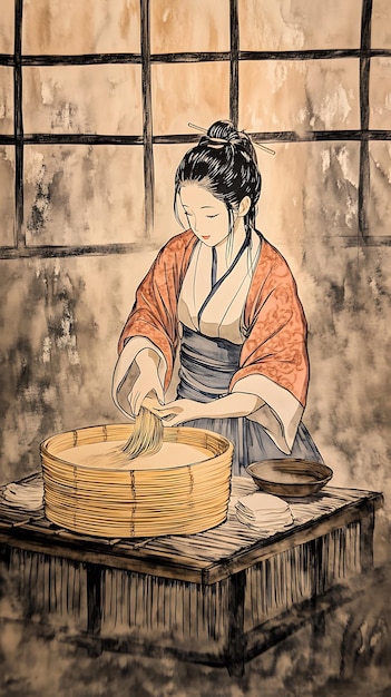 Traditional Japanese Woman Making Noodles