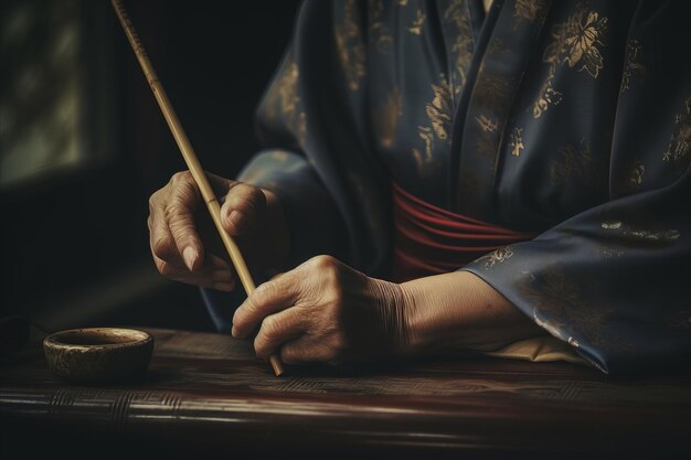 Traditional Japanese woman wearing kimono and holding bamboo stick closeup shot