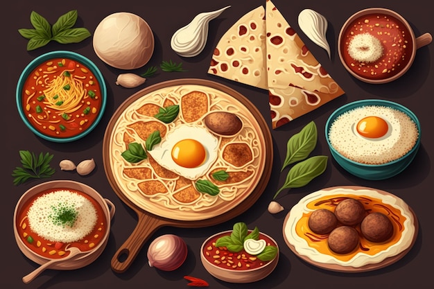 Traditional Jewish food Hummus falafel shakshuka tsimes forshmak and pita