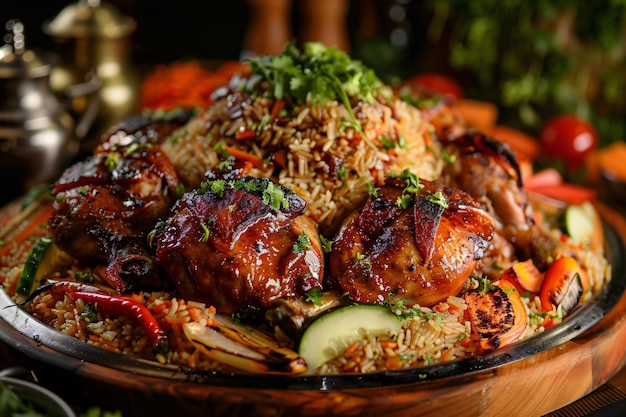 Traditional kabsa dish with grilled chicken and mixed vegetables on a silver platter Food concept