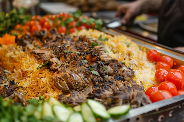 Traditional kabsa dish with grilled chicken and mixed vegetables on a silver platter Food concept