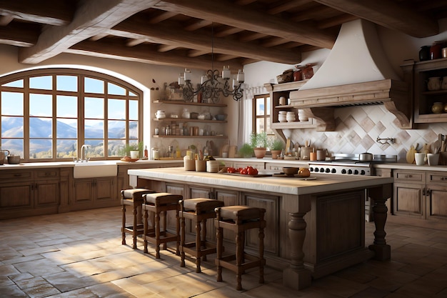 Traditional Kitchen Room Interior Design 3D Rendering