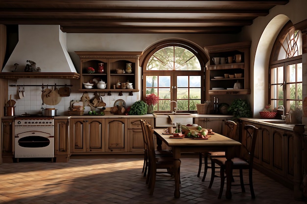 Traditional Kitchen Room Interior Design 3D Rendering