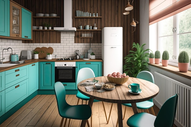 A traditional kitchen with wooden accents and a parquet floor a full breakfast