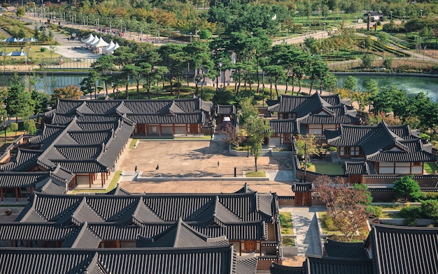 Traditional korean architecture of Gyeongwonjae Ambassador with exclusive hotel building in Songdo central park