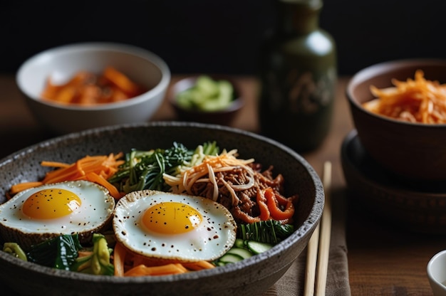 Traditional Korean Bibimbap in Stone Bowl Generative Ai