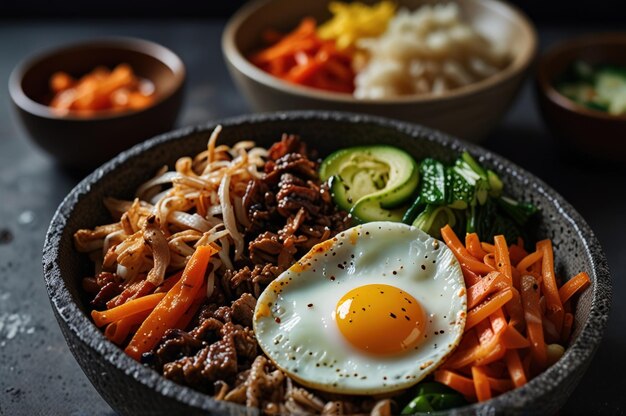 Photo traditional korean bibimbap in stone bowl generative ai