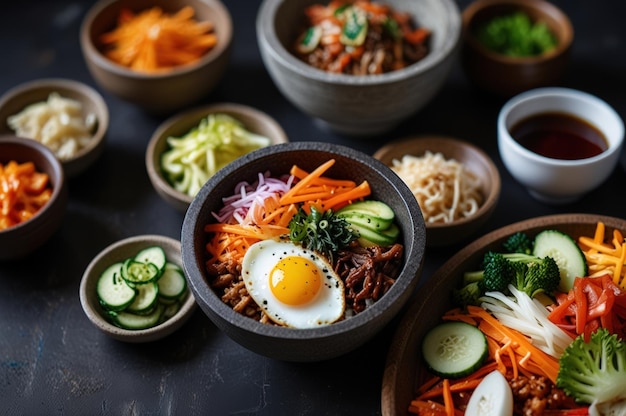 Photo traditional korean bibimbap in stone bowl generative ai