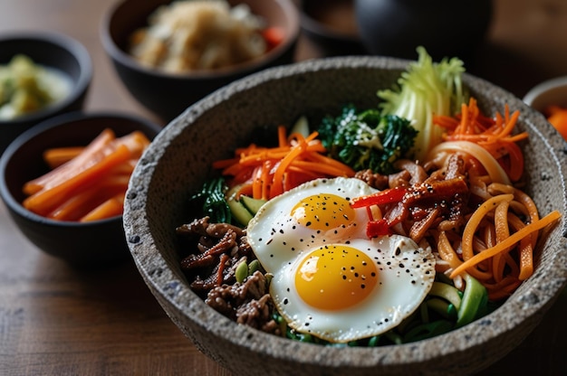 Photo traditional korean bibimbap in stone bowl generative ai