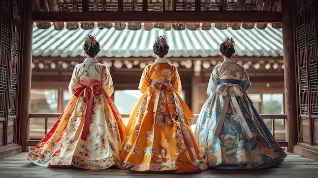 Photo traditional korean hanbok attire in historical palace setting