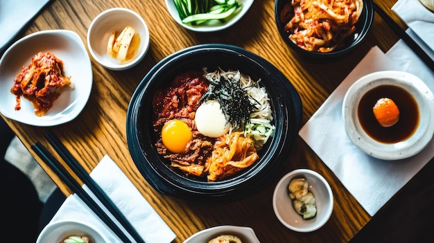 Photo a traditional korean meal featuring kimchi bulgogi and bibimbap set on a wooden table with authentic korean tableware and side dishes