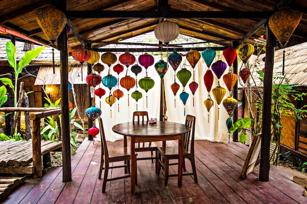 Traditional Lao style house with Chinese lanterns decoration in Luang Prabang, Laos