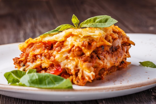 Traditional lasagna made with minced beef bolognese sauce