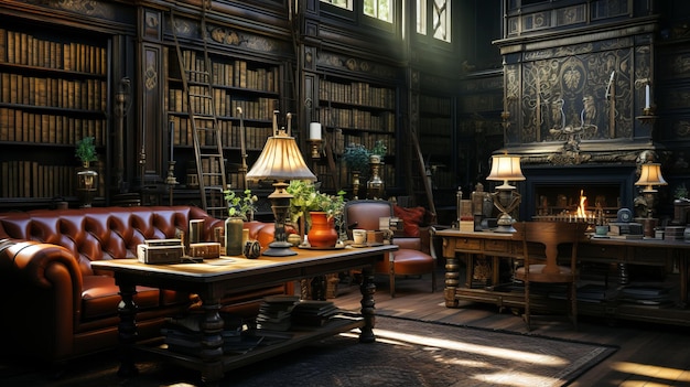 Photo traditional library interior in classic style with brown soft coaches dark wooden furniture and book shelves