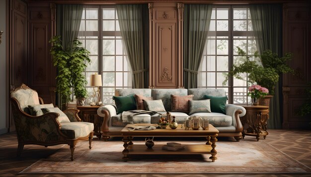 a traditional living room with elegant furniture including a classic sofa a wooden coffee table