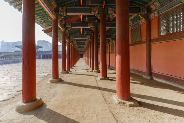 Traditional long Corridor and architecture of Gyeongbokgung Palace or The largest of the Five Grand Palaces in Seoul , South Korea