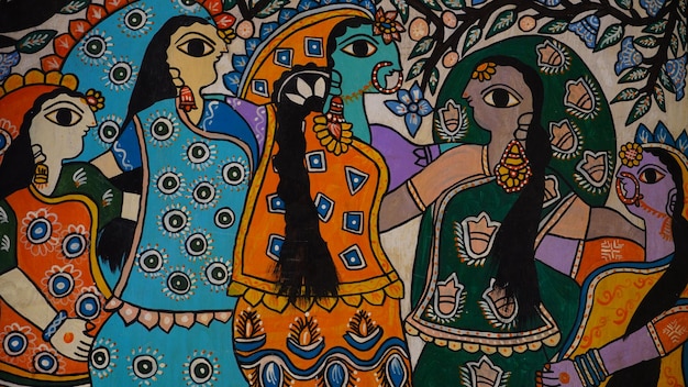 Photo traditional madhubani panting of ladies