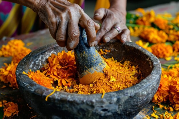 Traditional marigold grinding