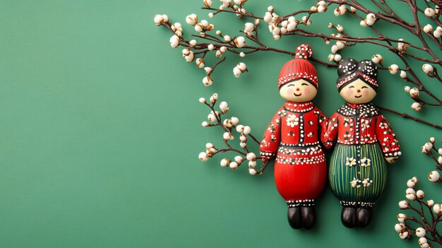 Photo traditional martisor shaped as man and woman on green background