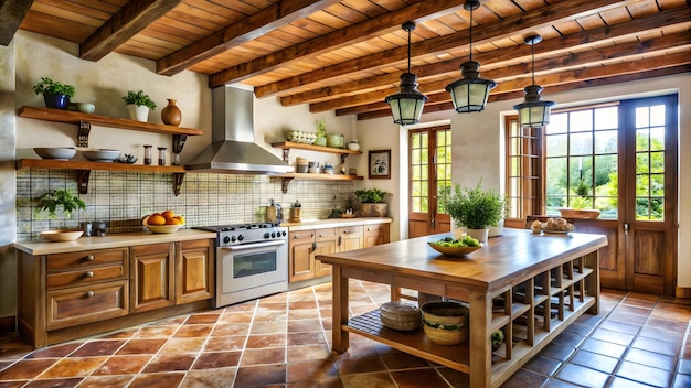 Photo traditional mediterranean kitchen with rustic wooden beams and tiled floors