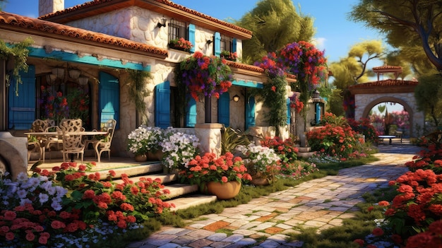 A traditional Mediterranean style villa photo realistic illustration Generative AI Building villa tree flower brick