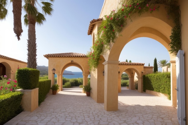 Traditional mediterranean white architecture with arch Summer vacation concept AI Generated