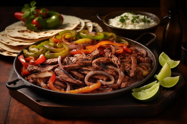 Traditional Mexican beef fajitas on a cast iron skillet Sizzling fajitas with guacamole