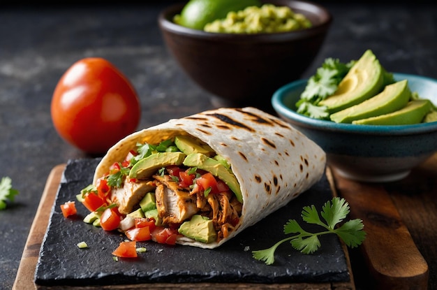 A traditional Mexican burrito with grilled chicken salsa and avocado