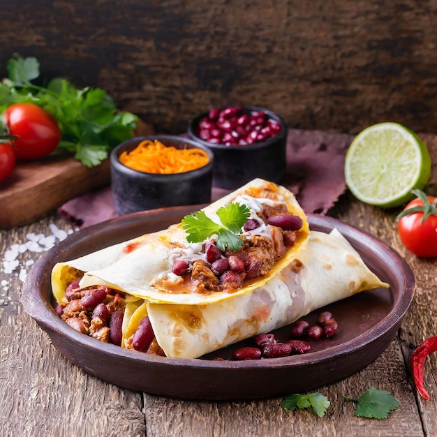 Traditional mexican chicken enchiladas with mole sauce on wooden background