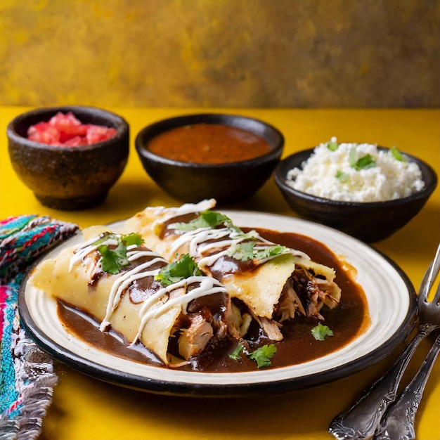 Traditional mexican chicken enchiladas with mole sauce on wooden background