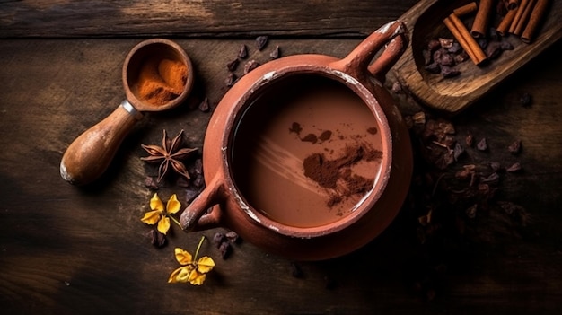 Traditional Mexican chocolate atole drink on wooden table Top view Copy space