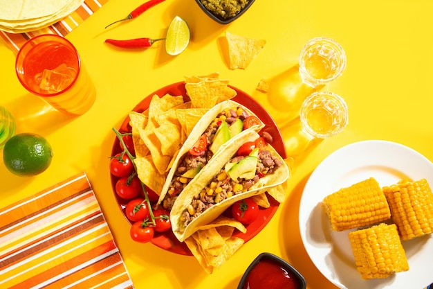 Traditional Mexican food corn tacos with meat vegetables avocado beans corn salsa and nachos Served with various sauces and drinks on yellow background Top view Big family gatherings