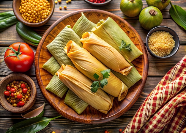 Photo traditional mexican food tamales platter with corn