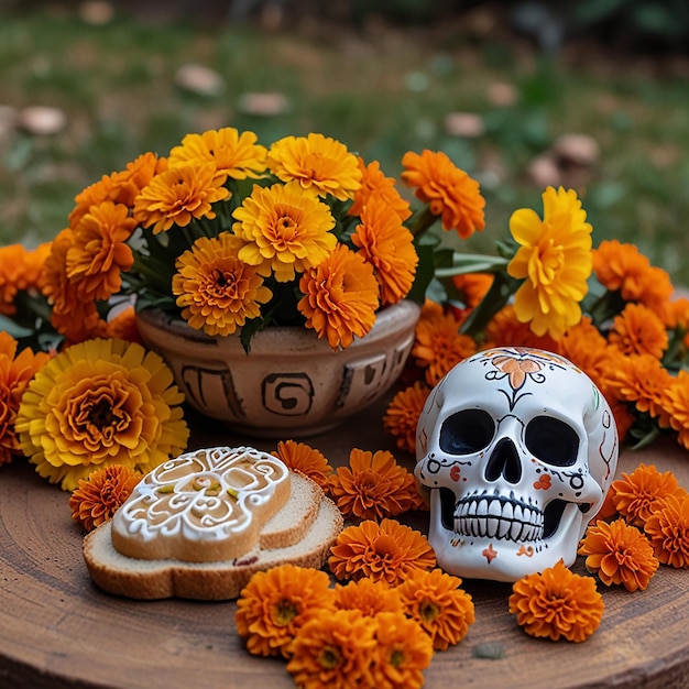 Photo traditional mexican offering for the day of the dead with sweets bread of the dead aztec marigold flowers