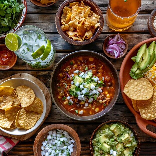 Photo traditional mexican pozole rojo with cilantro radishes and lime