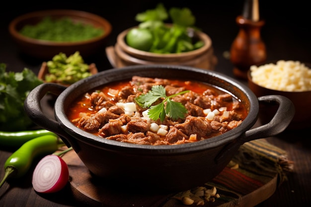 Traditional Mexican pozole soup with pork hominy and chili peppers