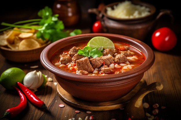 Traditional Mexican pozole soup with pork hominy and chili peppers