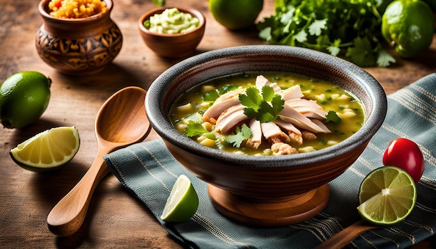 Photo traditional mexican pozole verde soup with chicken