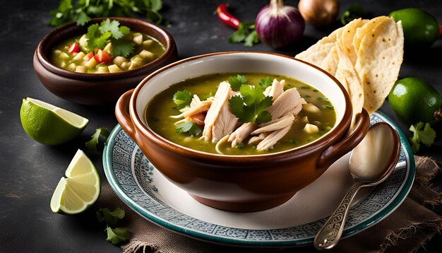 Photo traditional mexican pozole verde soup with chicken