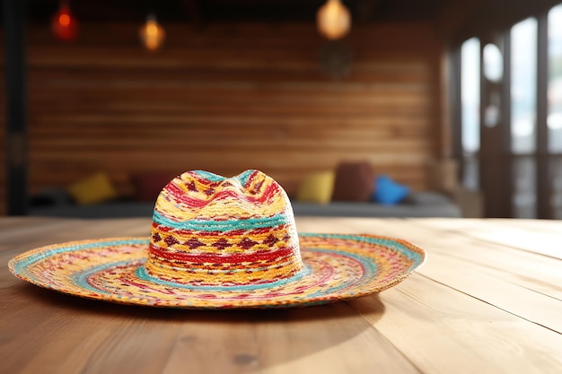 Photo traditional mexican sombrero hat on wooden table with colorful decoration