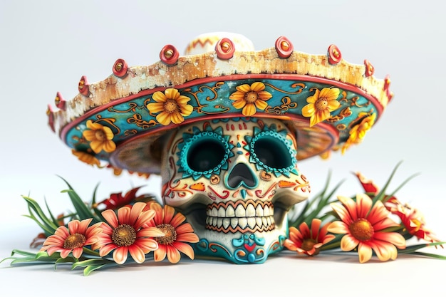 Traditional Mexican Sombrero with Floral Embroidery in Digital Illustration