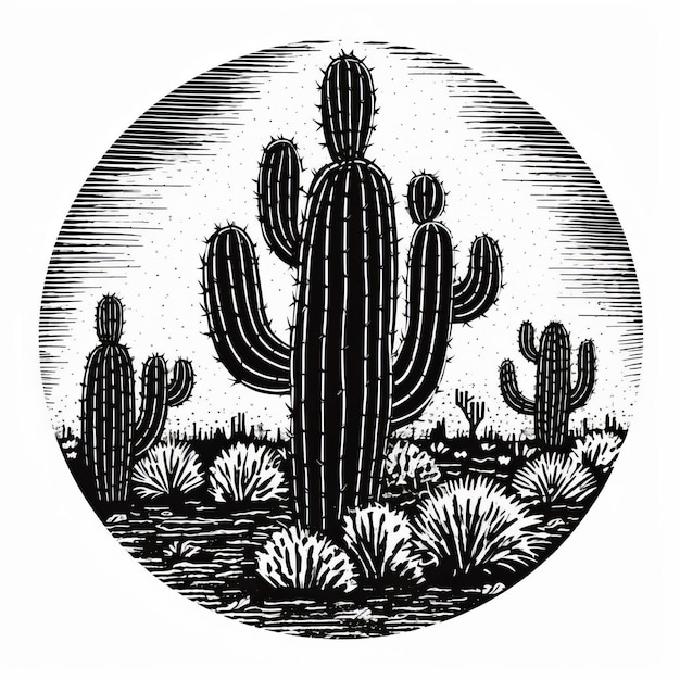 Traditional Mexican Style Cactus Engraving On Circle