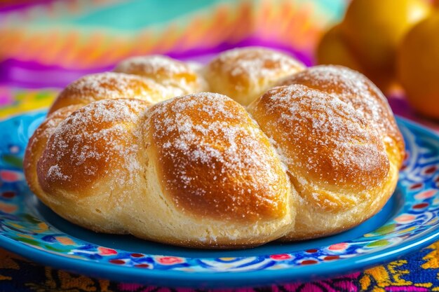 Photo traditional mexican sweet bread on a colorful tablecloth perfect for day of the dead celebrations generative ai