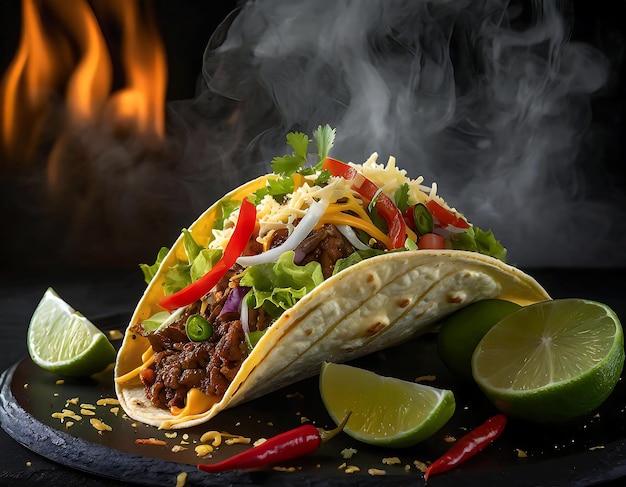 Photo traditional mexican tacos in the air with vegetables meat beef salsa and chicken