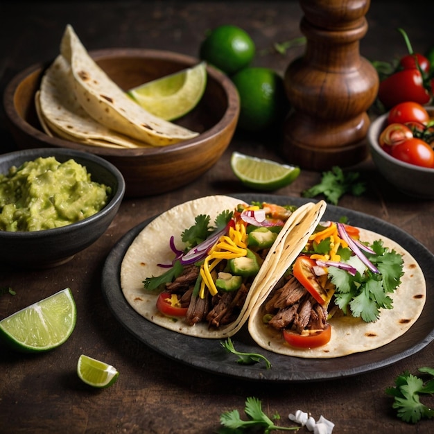 Traditional Mexican Tacos with Grilled Meat and Vegetables