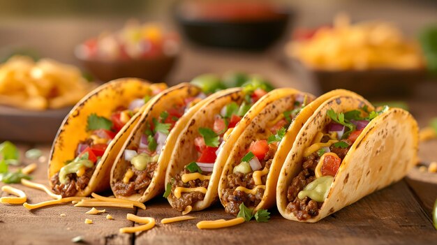 Traditional Mexican Tacos with Meat and Fresh Vegetables on a Wooden Plate