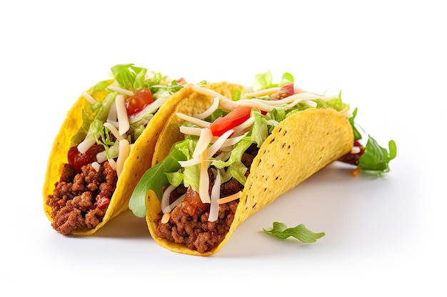 Traditional Mexican tacos with meat and vegetables isolated on white background AI generative