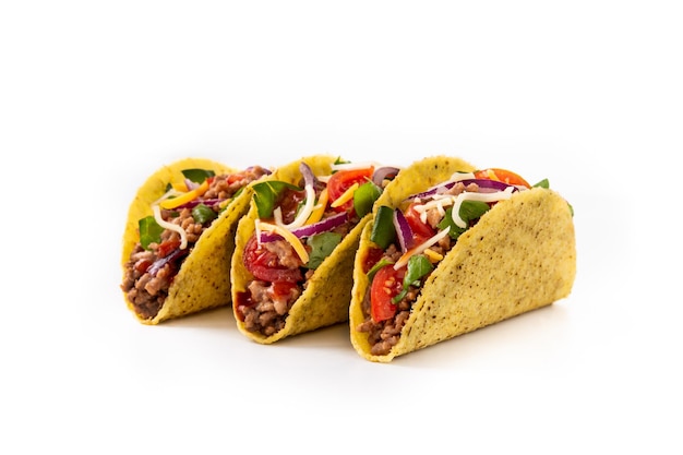 Traditional Mexican tacos with meat and vegetables isolated on white background