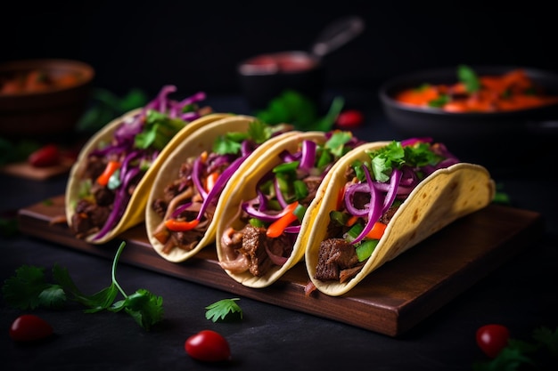 Traditional mexican tacos with meat and vegetables on wooden table